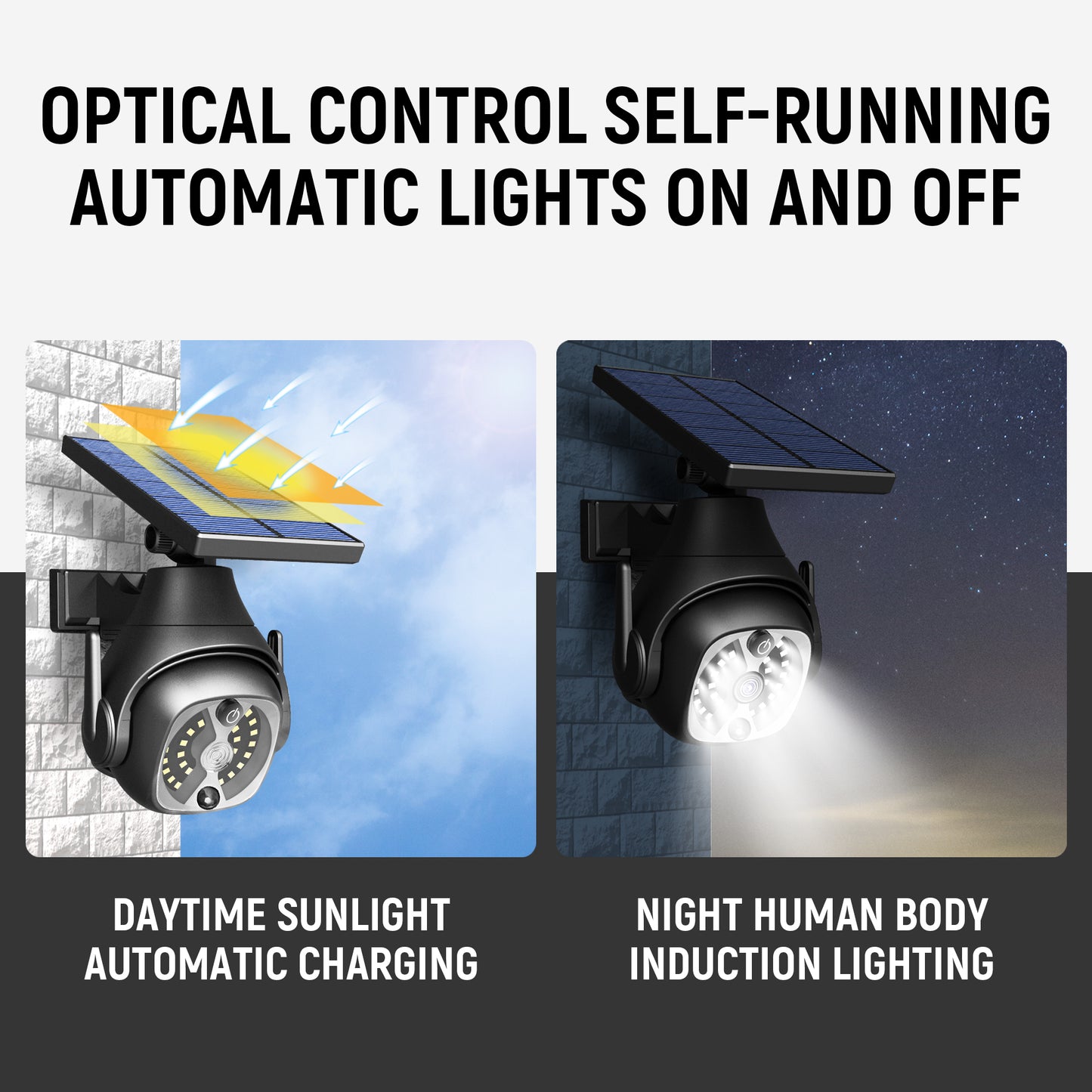 Waterproof solar street lamp mounted on exterior wall for garden and pathway illumination