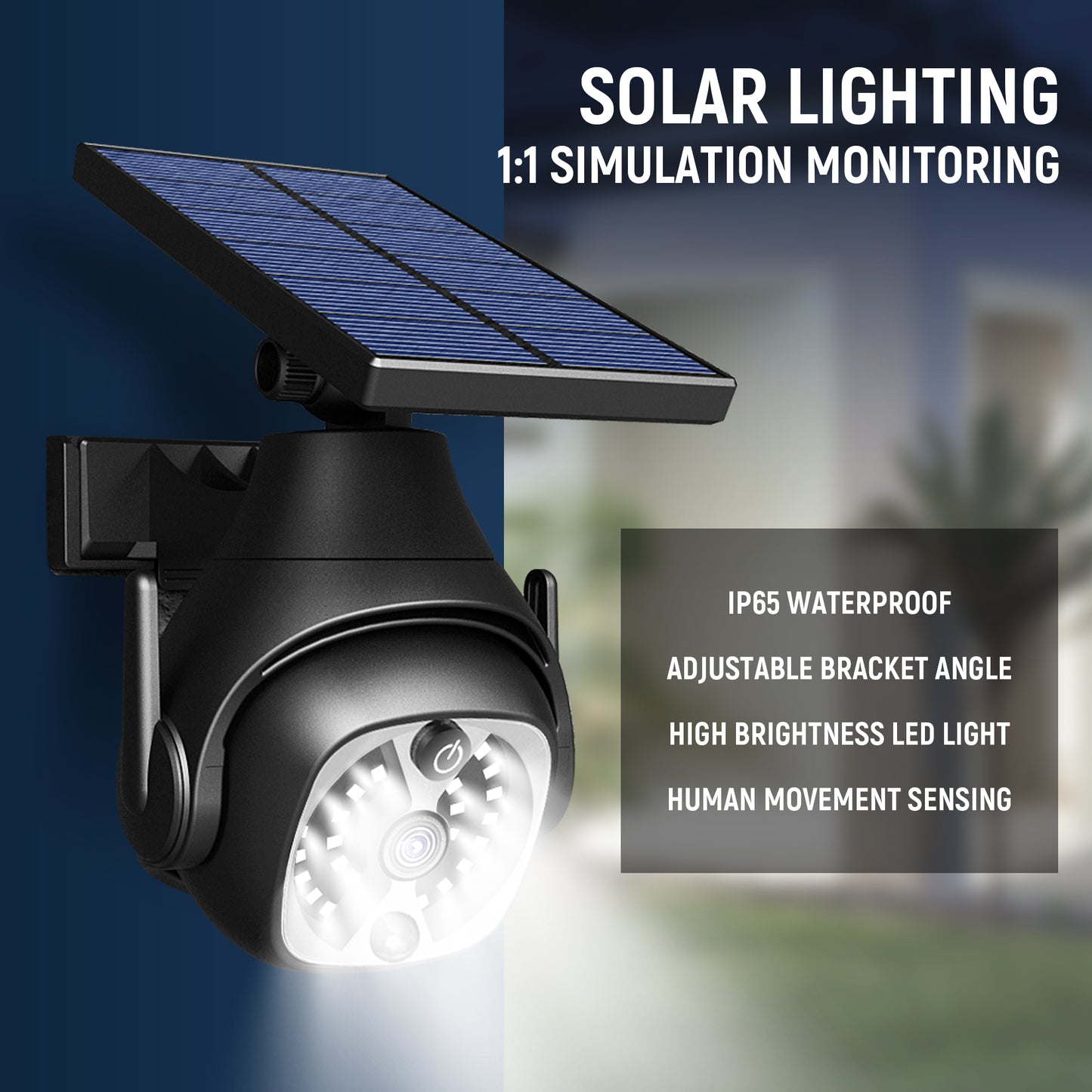 Solar powered solar street lamp installed on garden wall providing bright outdoor illumination