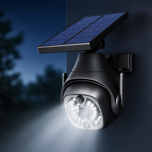 Solar powered solar street lamp installed on garden wall providing bright outdoor illumination
