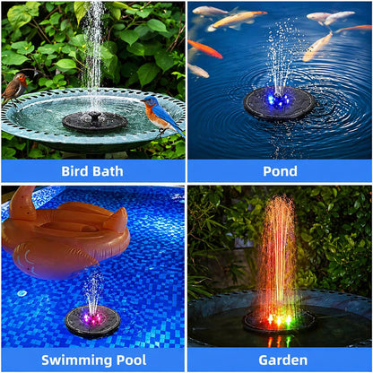 Solar powered water fountain operating in a backyard pond under direct sunlight