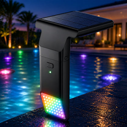 Outdoor Clear Christmas Lights creating glowing water reflection in pool