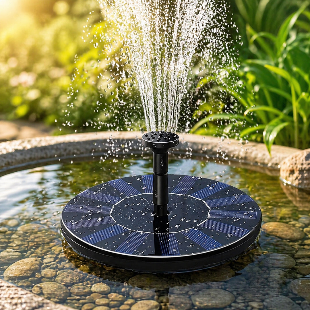 Solar water fountain floating in a garden bird bath creating a beautiful water display