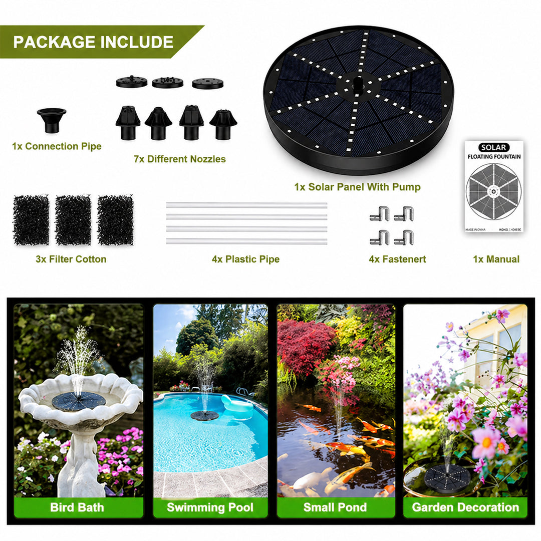 Solar water fountain pump providing continuous water circulation in a garden pond