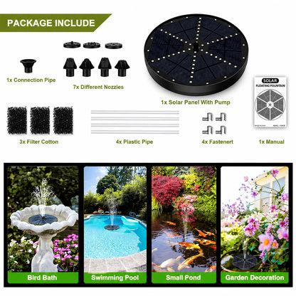 Solar water fountain pump providing continuous water circulation in a garden pond