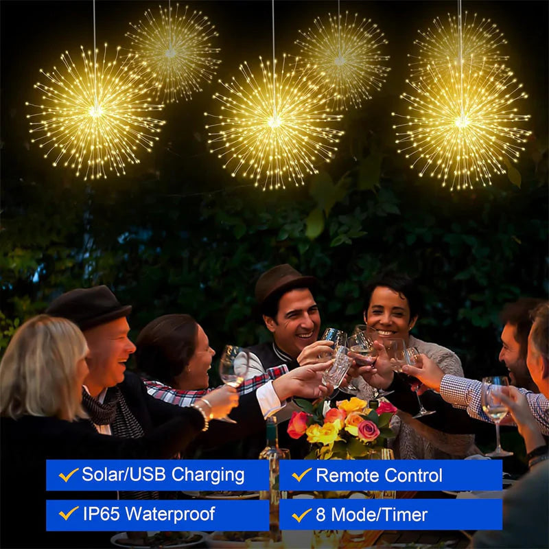 Solar starburst lights illuminating a backyard pathway with warm LED lighting