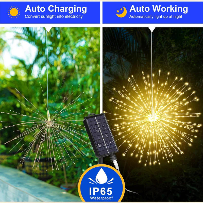 Outdoor starburst lights decorating a patio with sparkling firework-inspired illumination