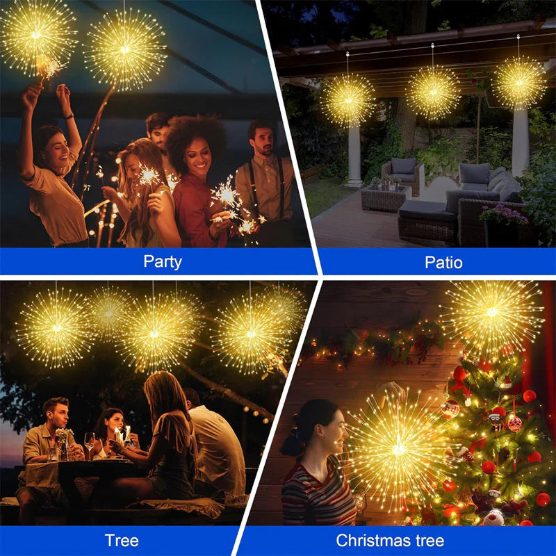 Solar powered starburst lights enhancing backyard decor with bright LED effects