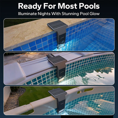 Solar powered Clear Christmas Lights installed in backyard swimming pool